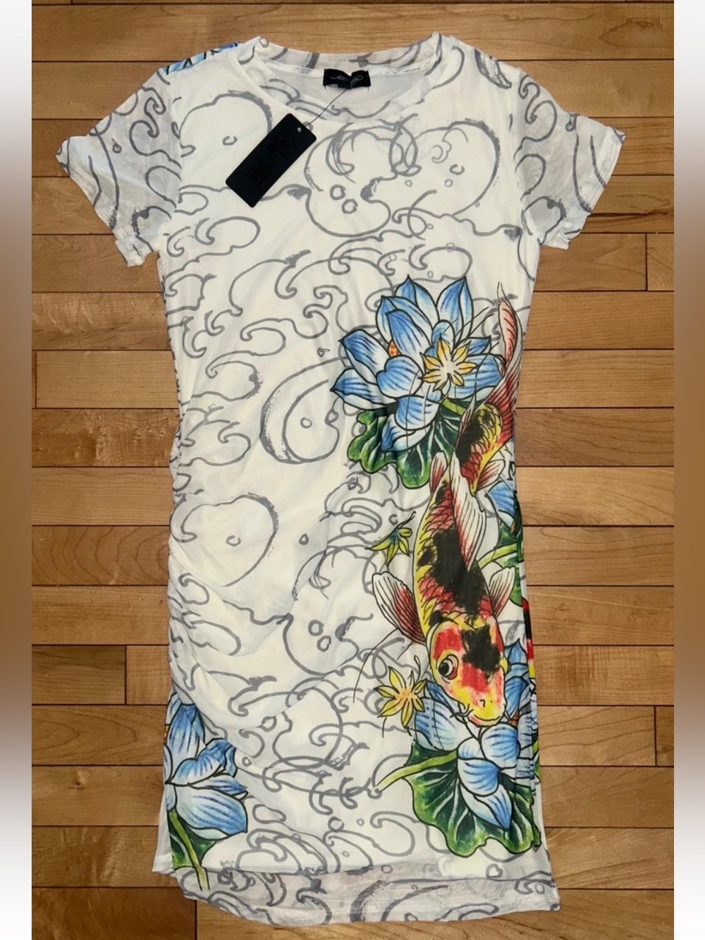 NEW ! NWT ED HARDY Koi Fish Mesh Mini Bodycon Dress in Ivory Size M